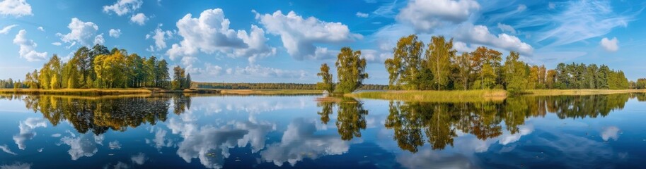 Fototapeta premium Tranquil Autumn Lake Reflecting Colorful Trees and Clouds
