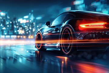 Naklejka premium Drifting sports car wheel at night in city lights