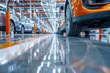 Epoxy floor in car maintenance center blurred industry background