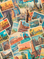 An illustration of postcards designed as travel souvenirs, including images of popular tourist spots