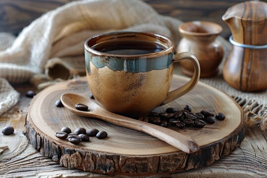 Handmade clay cup with coffee on wooden table surrounded by rustic tableware on round birch block