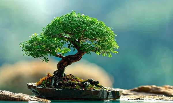 A miniature bonsai tree with lush green foliage on a flat rock against soft-focus background.