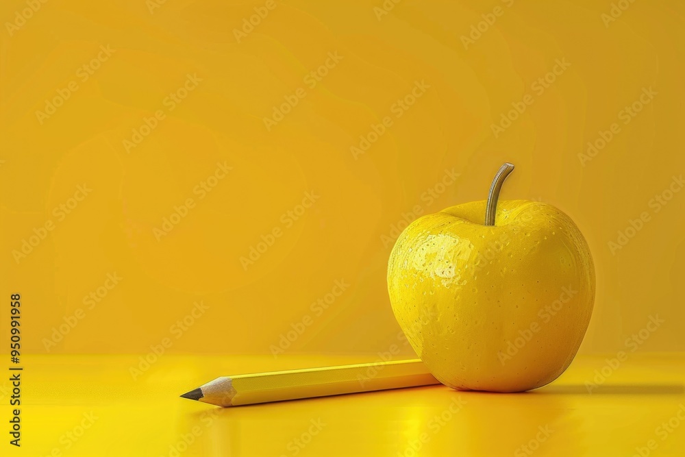 Aufkleber a simple still life image featuring an apple and a pencil on a bright yellow background