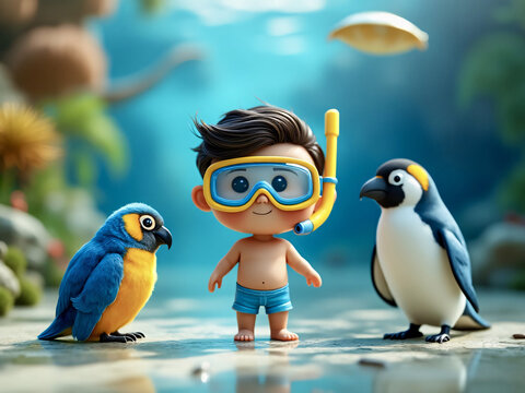 blue and yellow parrot penguin underwater snorkeling chibi kawaii character guy standing on the ocean floor