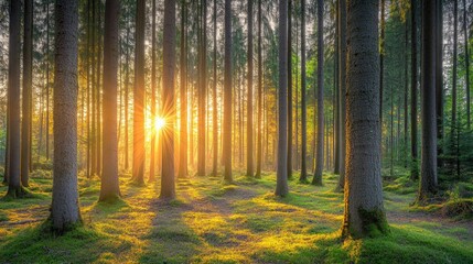 Fototapeta premium Silent Forest in spring with beautiful bright sun rays