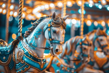 Colorful carousel with ornate horses spinning at an amusement park in the evening light evokes nostalgia and whimsy