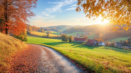 Magical landscape in autumn: sunny panorama of rural idyll