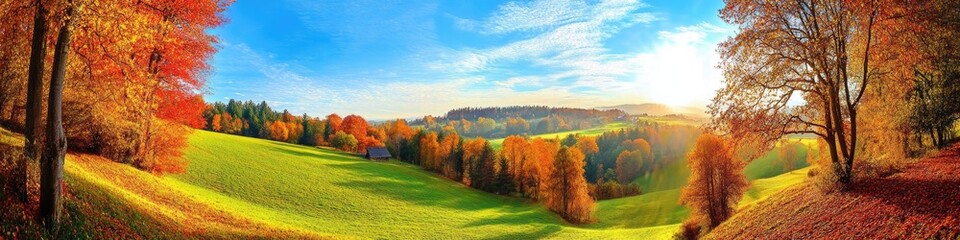 Fototapeta premium Magical landscape in autumn: sunny panorama of rural idyll