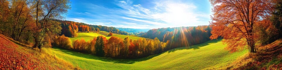 Fototapeta premium Magical landscape in autumn: sunny panorama of rural idyll