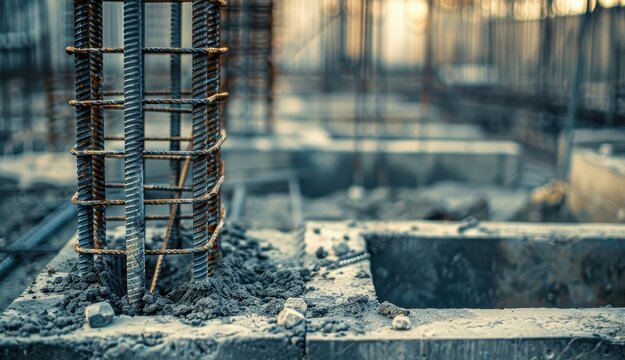 Old fashioned picture of steel rods in concrete foundation and column preparation at construction site