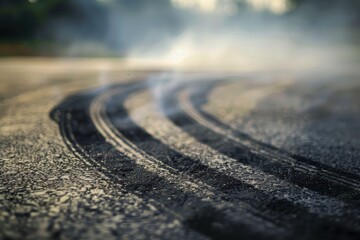 Skid marks from burning tires on road