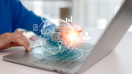 woman with a virtual Global Internet connection metaverse. Business global internet connection...