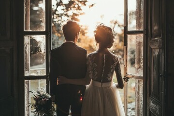 A bride and groom stand together in front of a window, possibly looking out at their new life