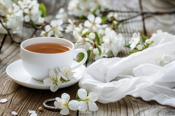 Tea in white porcelain cup on wooden table with white flowers white napkin with silver ring in front