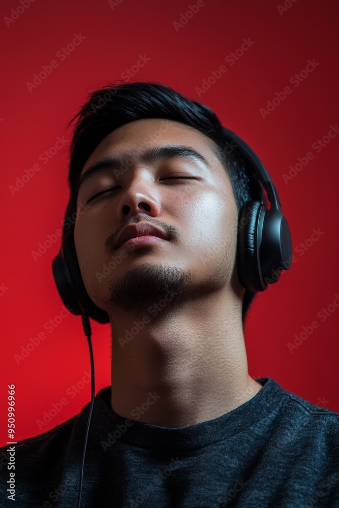 Wall mural Front view of a young man with headphones, dark background.