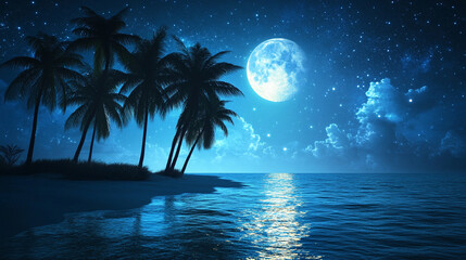 Fototapeta premium A captivating nighttime beach scene with palm trees silhouetted against a star-filled sky. 