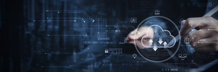 Cloud computing, data storage and cyber security concept. Businessman using digital tablet with data center background, cloud storage loading. Cloud technology, online data backup, internet technology