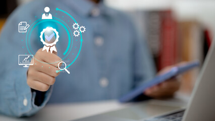 Hand thump up with the sign of the top service Quality assurance, Guarantee, Standards, ISO...