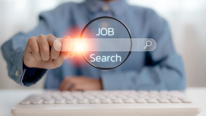 job search concept, man browsing work opportunities online using job search computer app. find your...