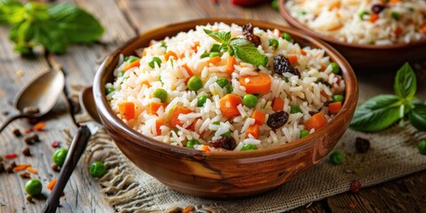 Brazilian Rice Dish with Raisins Carrots and Peas