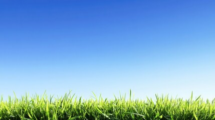 Green grass on blue clear sky, spring nature theme. Panorama