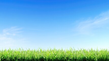 Obraz premium Green grass on blue clear sky, spring nature theme. Panorama