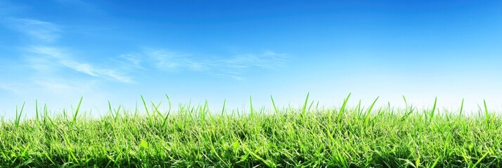 Fototapeta premium Green grass on blue clear sky, spring nature theme. Panorama