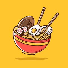 Cute Ramen Noodle Cartoon Illustration. Japanese Food Icon Concept Isolated. Flat Cartoon Style. Doodle Illustration