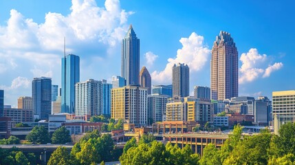 Fototapeta premium Downtown Atlanta Skyline showing several prominent buildings and hotels under a blue sky