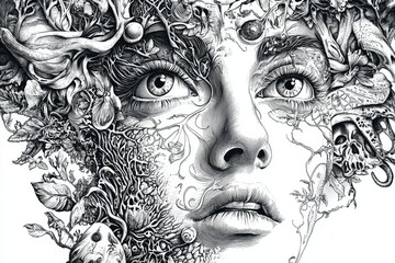 Fototapeta premium A Detailed Ink Illustration of a Woman's Face Embellished with Vines and Flowers