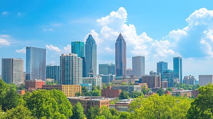 Fototapeta premium Downtown Atlanta Skyline showing several prominent buildings and hotels under a blue sky