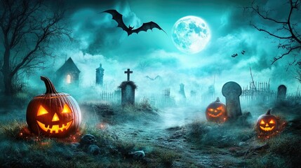 Jack O' Lanterns In Graveyard In The Spooky Night - Halloween Backdrop