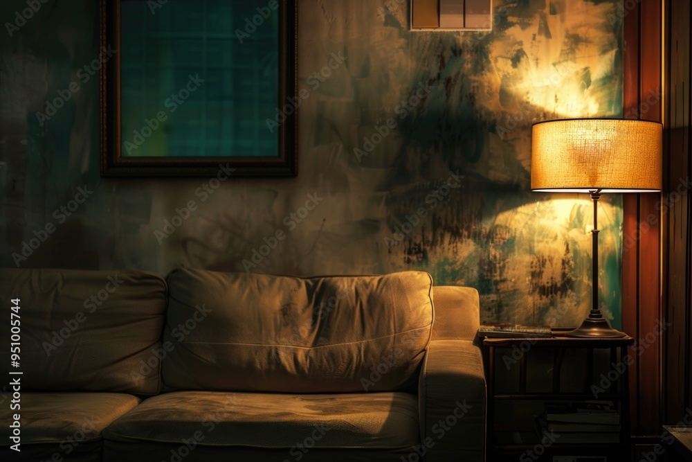 Poster A warm and inviting living room with a comfortable couch and soft lighting from a table lamp