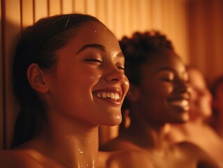 Relaxing moments in a sauna with friends enjoying warmth and tranquility at a wellness retreat. Close up of happy smiling sweating faces.