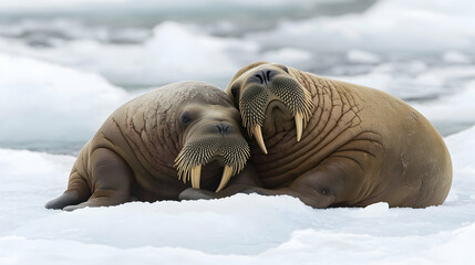 Two walruses snuggled close together on the ice, their heads resting on each other’s backs