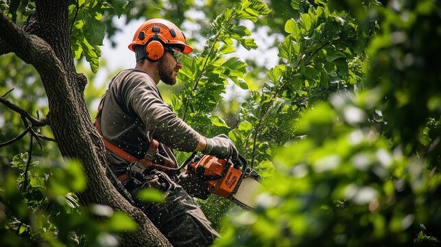 Professional Arborist Trimming a Tree with a Chainsaw in Safety Gear, Surrounded by Lush Green Leaves