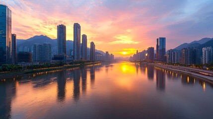 Obraz premium Cityscape at Sunset with River Reflection.