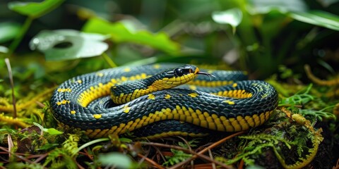 Obraz premium Adorable Short snouted Grass Snake Psammophis brevirostris Coiled on the Forest Floor