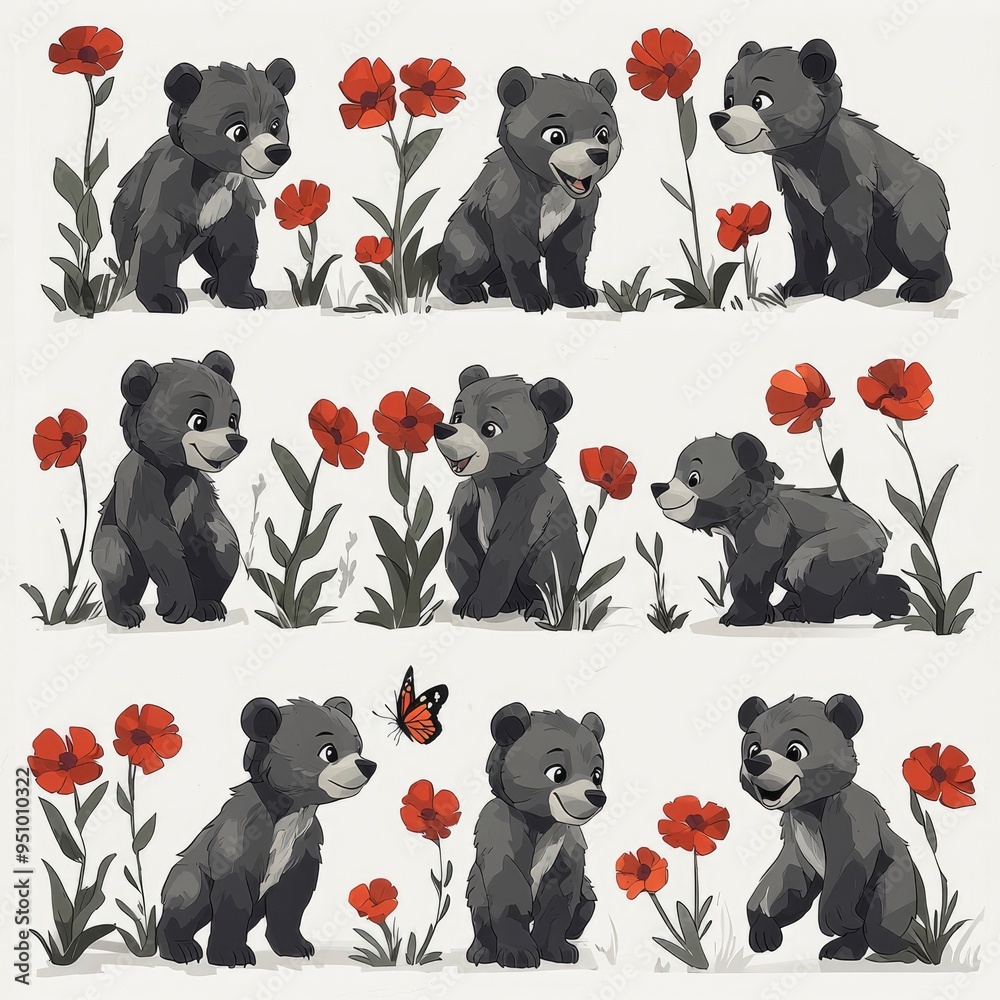 Wall mural adorable black bears in a poppy field