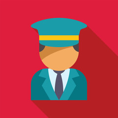 Flat vector illustration of a security guard wearing uniform with a hat standing at attention