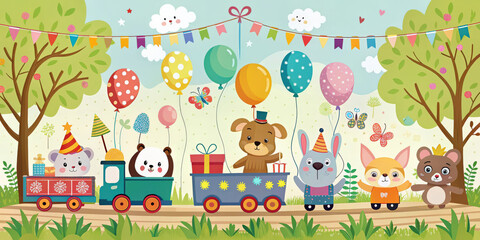 Colorful birthday card with cute animals riding a train through a whimsical forest setting