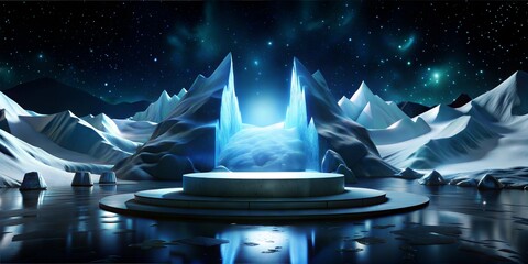 Ice background podium cold winter snow product platform floor frozen mountain iceberg. Podium glacier cool ice background stage landscape display icy stand 3d water nature pedestal arctic concept cave