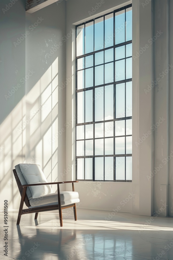 Poster a single chair sits in front of a large window with natural light