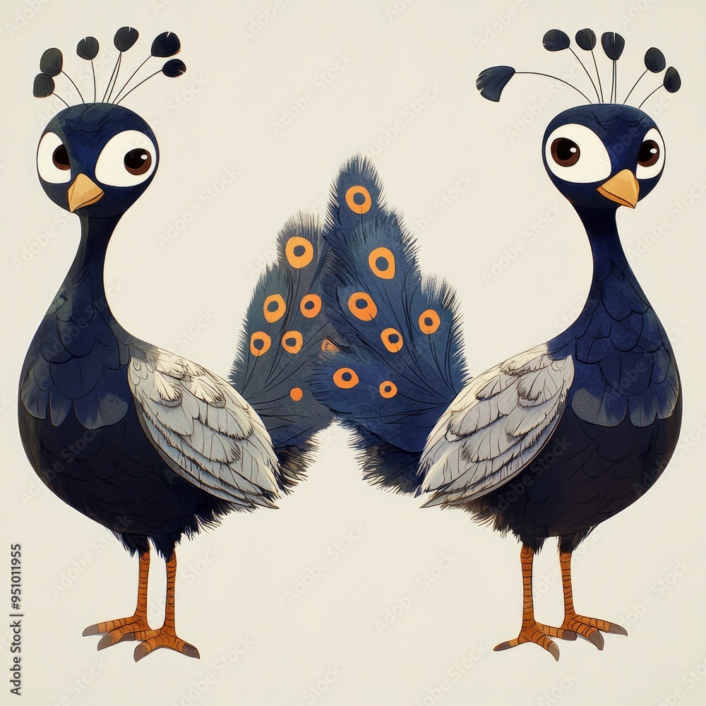 Sticker cute cartoon peacocks with blue and orange feathers