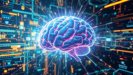Obraz premium Futuristic depiction of a brain, surrounded by advanced technology and glowing elements, symbolizing innovation and intelligence