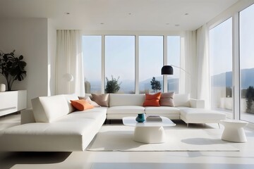 Modern living room, Scandinavian home interior design with comfortable white  sofa and plants, white walls, cozy carpet, wall art framed.