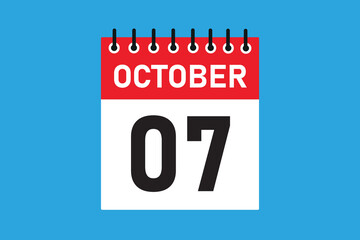 07 October . 7th October  professional modern exclusive daily calendar design. Meeting schedule flat icon icon design. White and red color paper. White,black color text. Vector illustration eps 10.