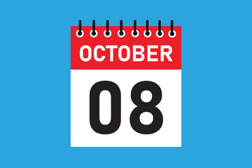 08 October . 8th October  professional modern exclusive daily calendar design. Meeting schedule flat icon icon design. White and red color paper. White, black color text. Vector illustration eps 10.