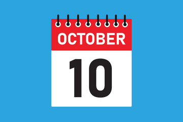 10 October . 10th October  professional modern exclusive daily calendar design. Meeting schedule flat icon icon design. White and red color paper. White, black color text. Vector illustration eps.