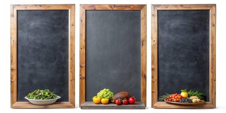 Isolated vertical menu boards with chalk pieces for restaurant specials